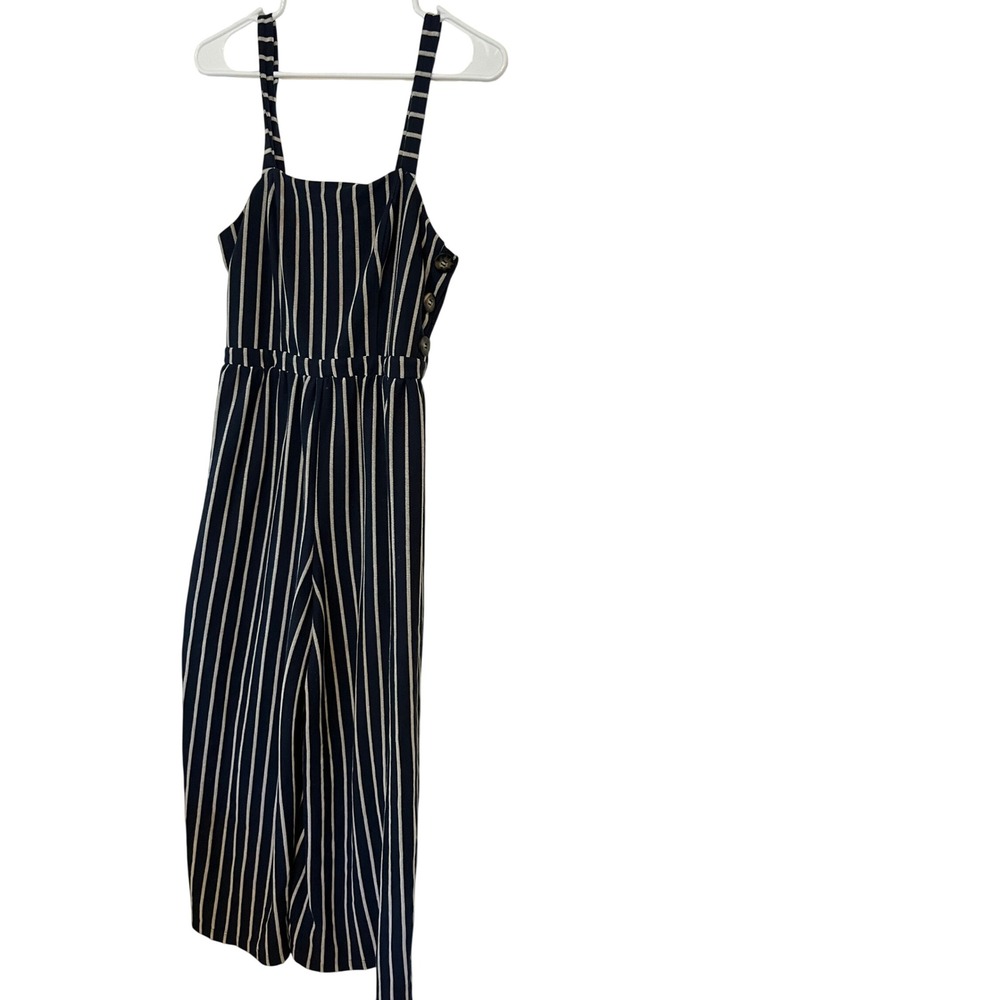 My Michelle Navy Blue White Striped Wide Leg Jumpsuit Large Sleeveless Ribbed
